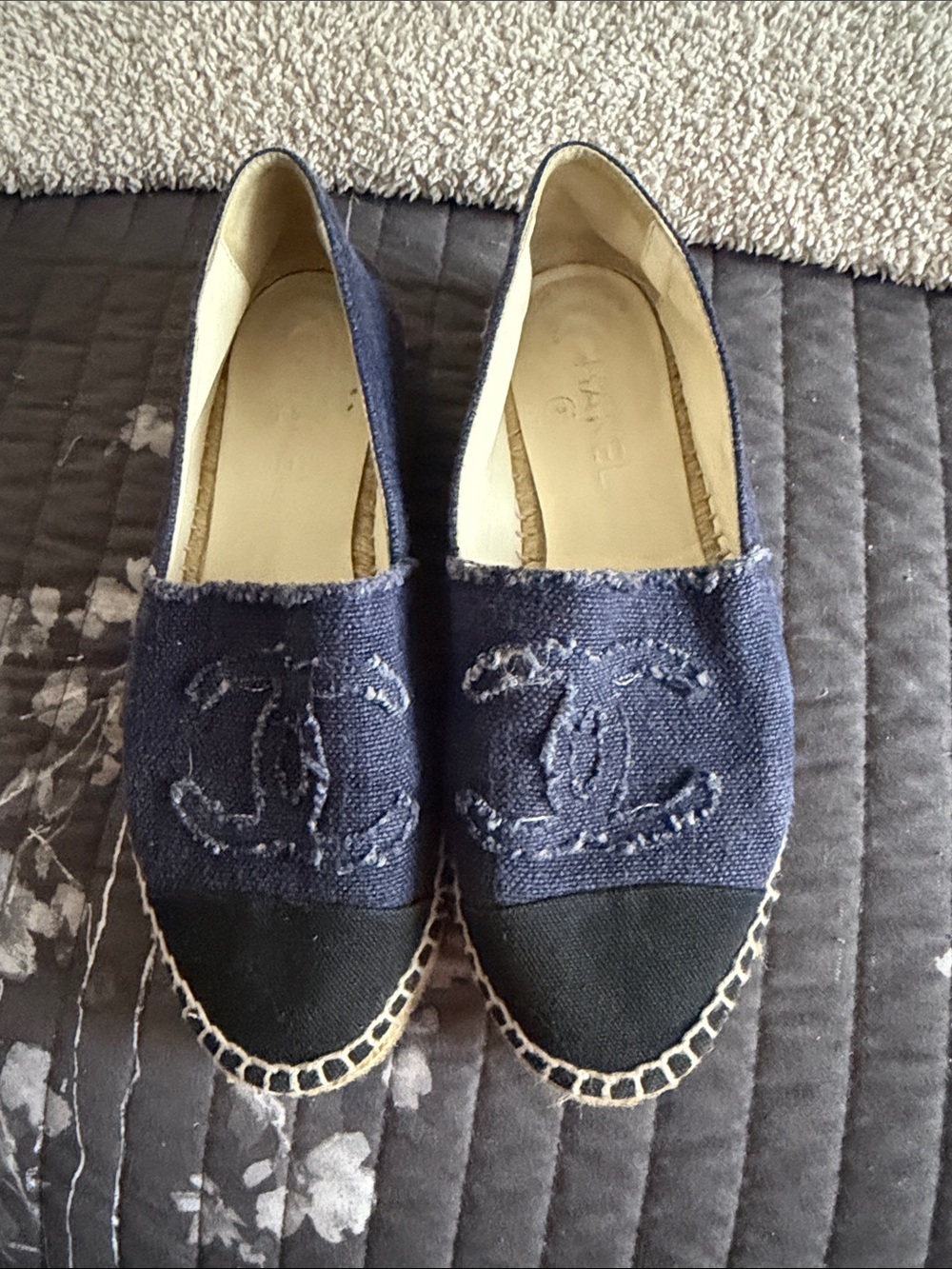 CHANEL Navy Canvas Espadrilles with Black Cap Toe and Stitched CC